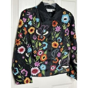 Vintage Anage Black Floral Embroidered 100% Silk Embellished Button Shirt  S